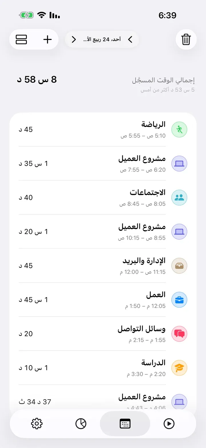 عرض اليوم كقائمة بالإدخالات وأوقاتها