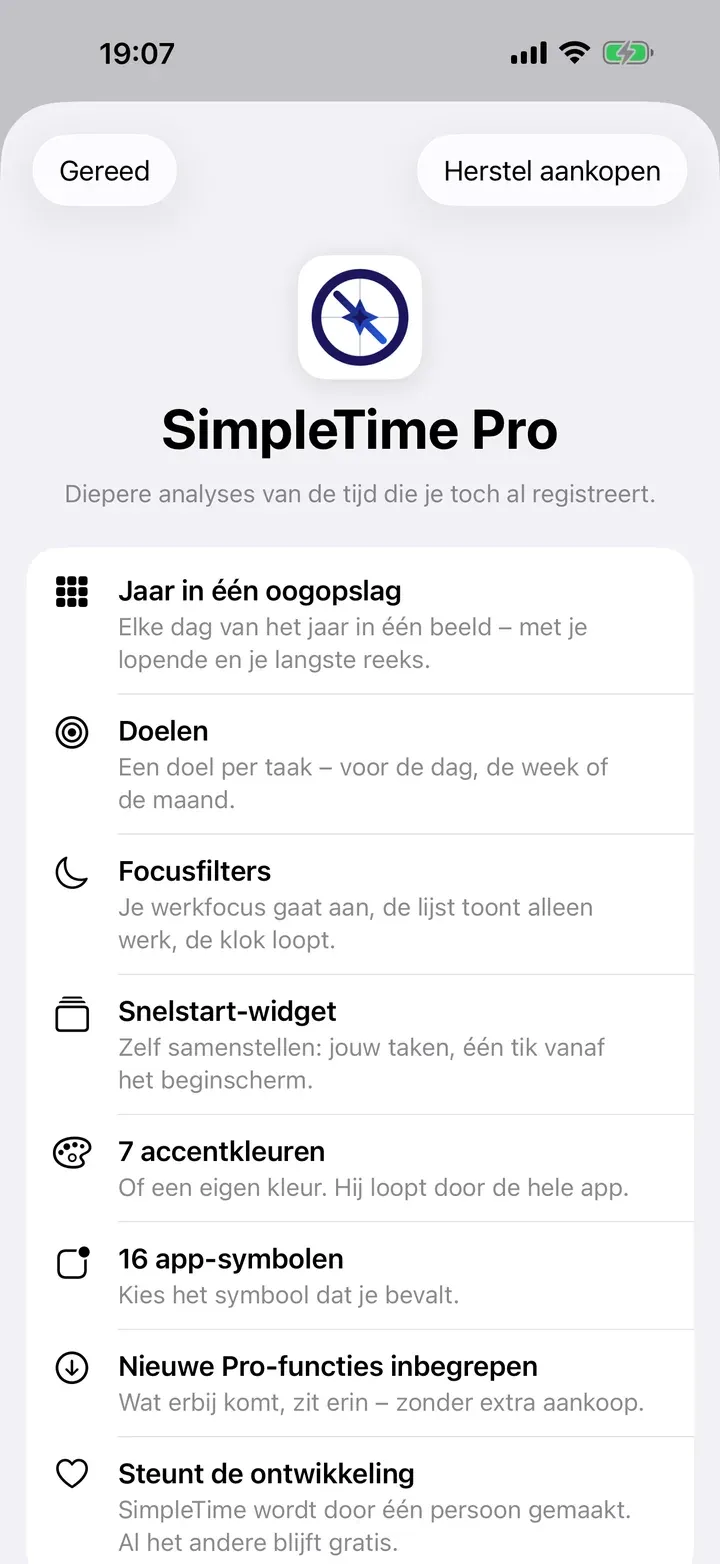De pagina van SimpleTime Pro in de app