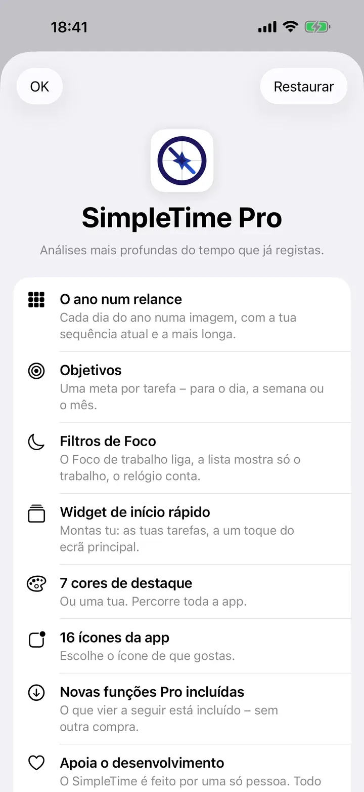 A página do SimpleTime Pro na app