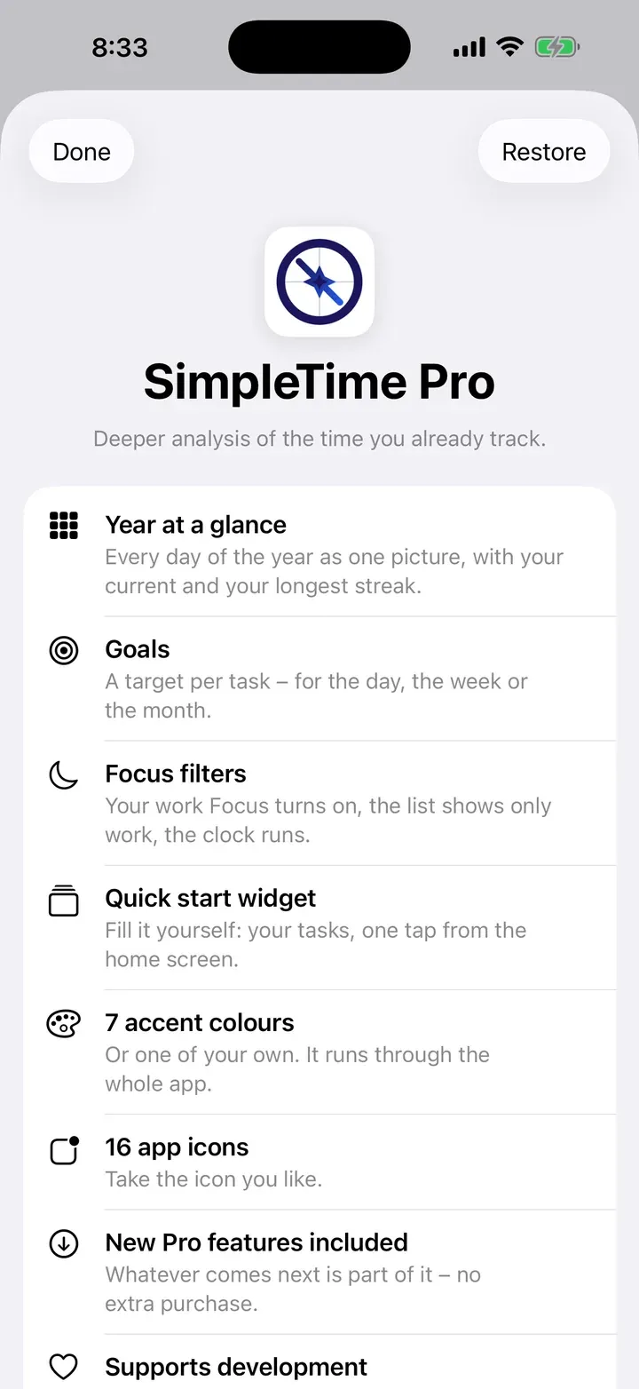 The SimpleTime Pro page in the app