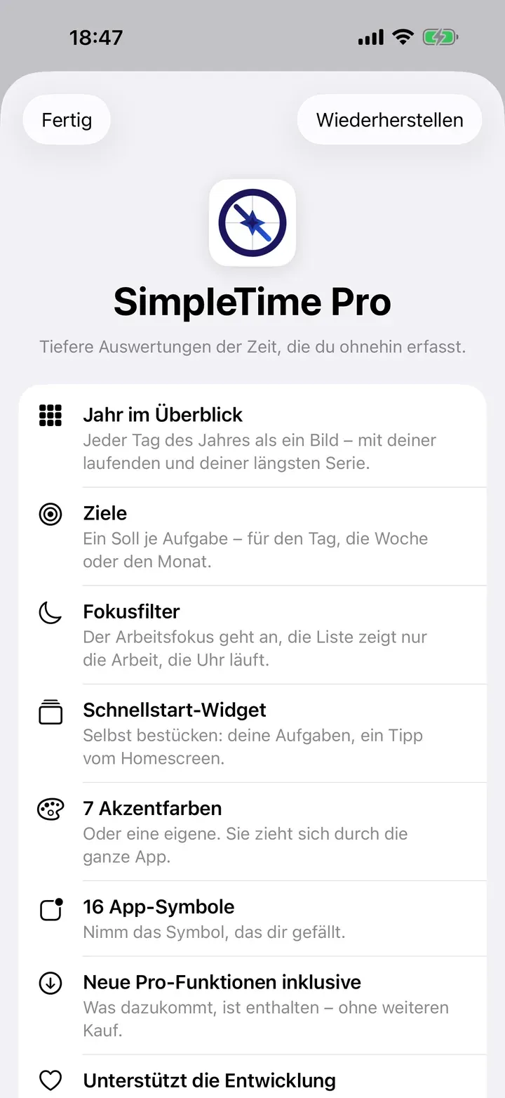 Die Seite von SimpleTime Pro in der App