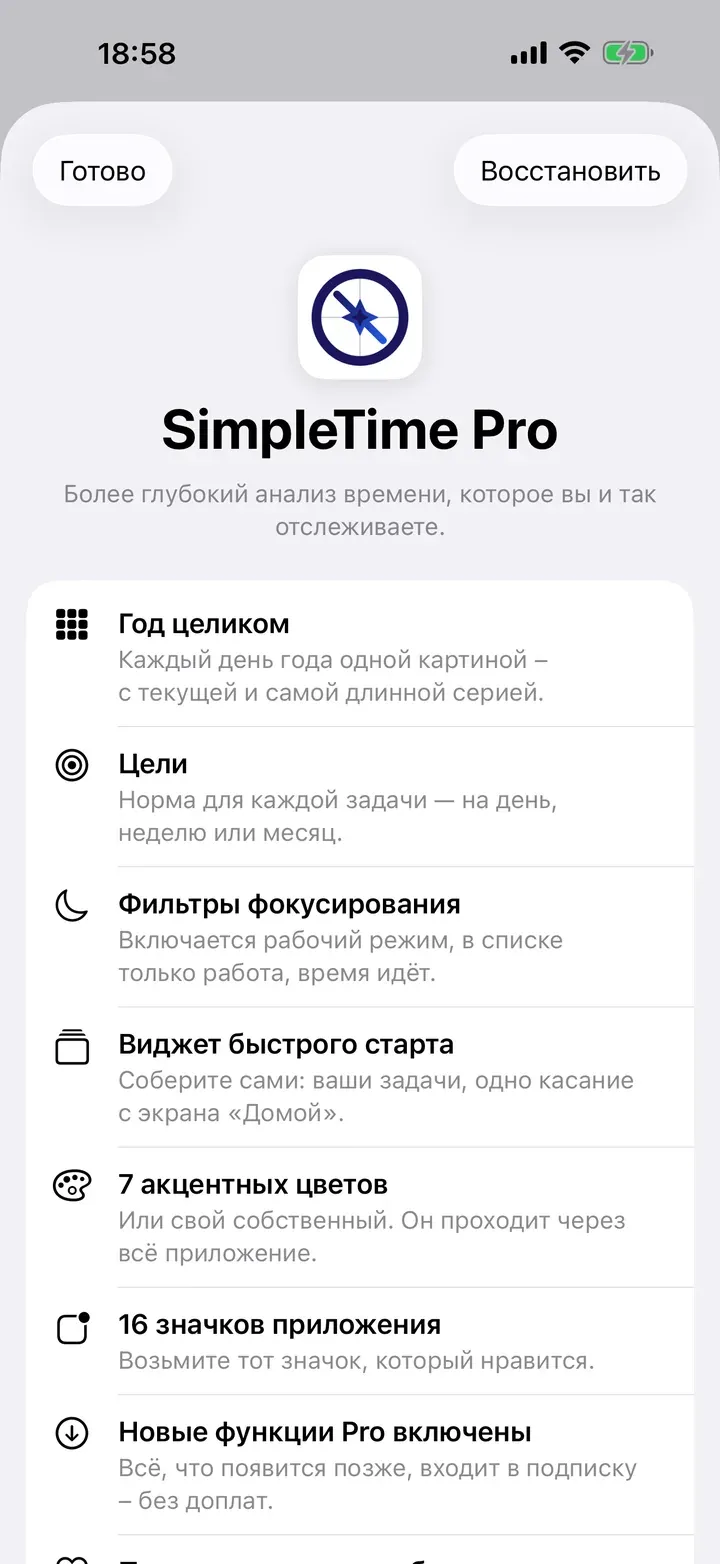 Страница SimpleTime Pro в приложении