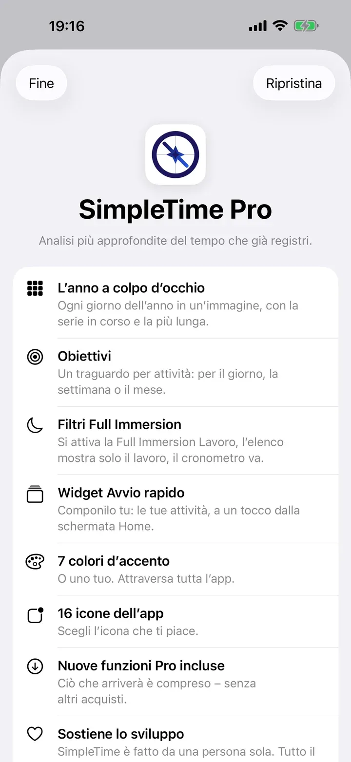 La pagina di SimpleTime Pro nell’app