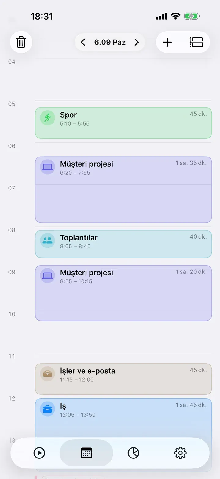 0'dan 24'e zaman çizelgesi olarak gün görünümü