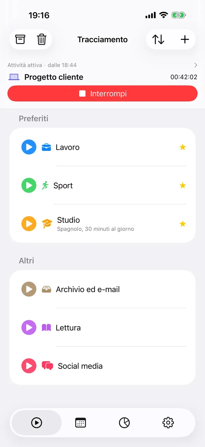 La scheda Tracciamento con un’attività in corso e i preferiti in alto