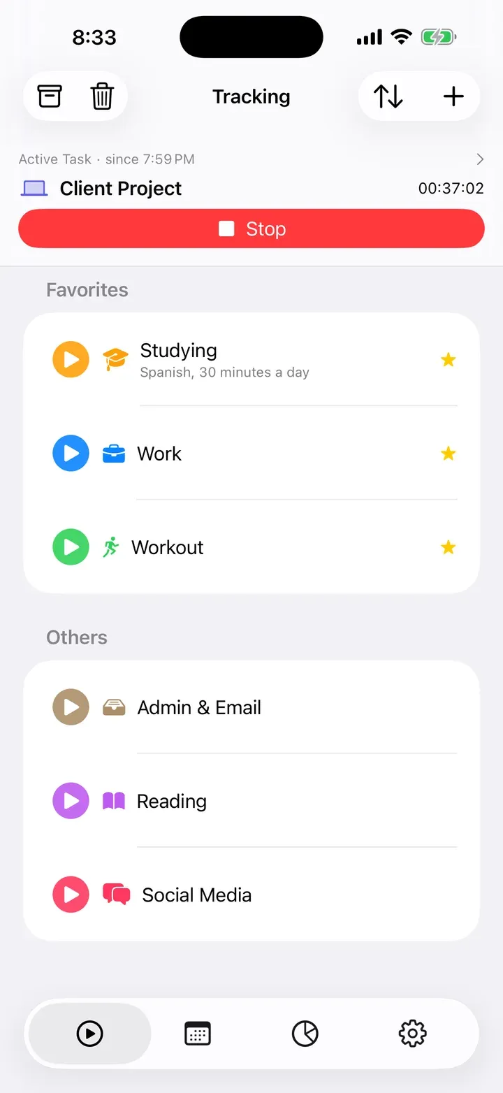 The Tracking tab with a running task and favourites at the top
